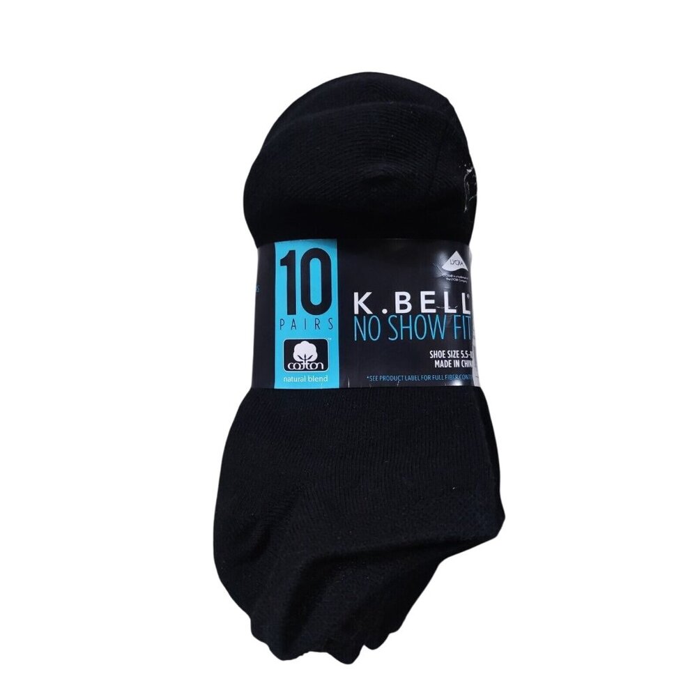 K Bell Women's Ankle Socks 10 Pairs Shoe Size 5.5-10 Black No Show Non-Slip